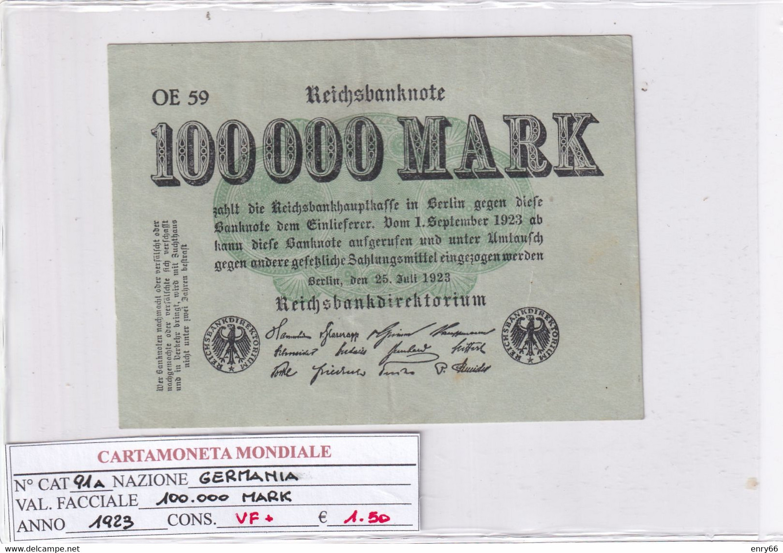 GERMANIA WEIMAR 100'000 MARK 1923 P 91A - 100.000 Mark