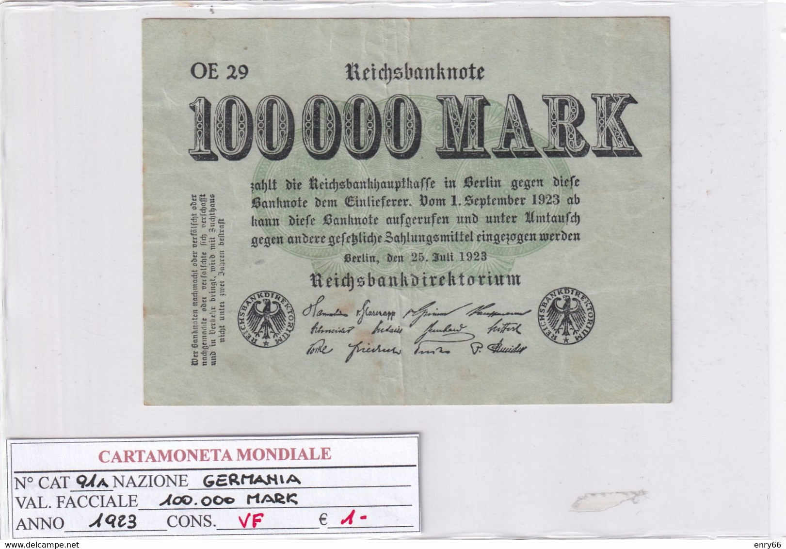 GERMANIA WEIMAR 100'000 MARK 1923 P 91A - 100.000 Mark