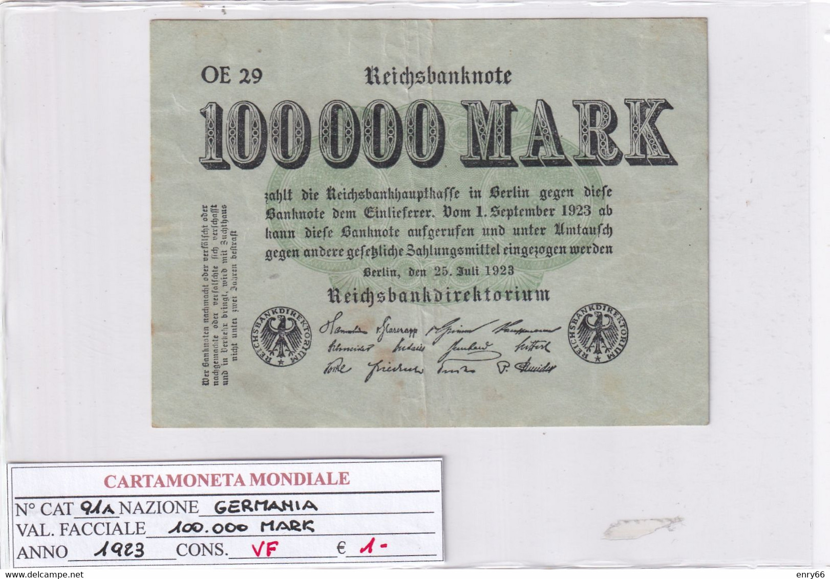GERMANIA WEIMAR 100'000 MARK 1923 P 91A - 100000 Mark