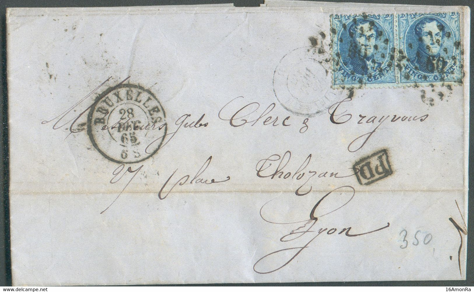 N°15A(2) - Médaillon 20 Centimes En Paire Obl. LP.60 Sur Lettre De BRUXELLES le 28 Décembre 1865 Vers Lyon. - TB - 20509 - 1863-1864 Medaillen (13/16)