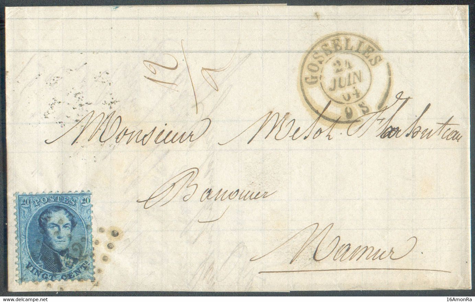 N°15A - Médaillon 20 Centimes Bleu Obl. LP.152 Sur Lettre De GOSSELIES le 24 Juin 1864 En Double Port (12grs) Vers Namur - 1863-1864 Medaillen (13/16)