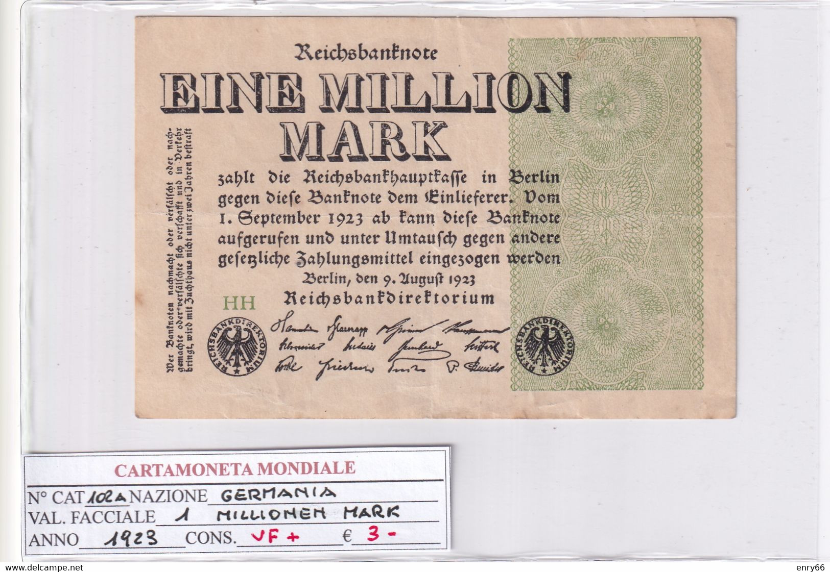 GERMANIA WEIMAR 1 MILLION MARK 1923 P 102A - 1 Million Mark