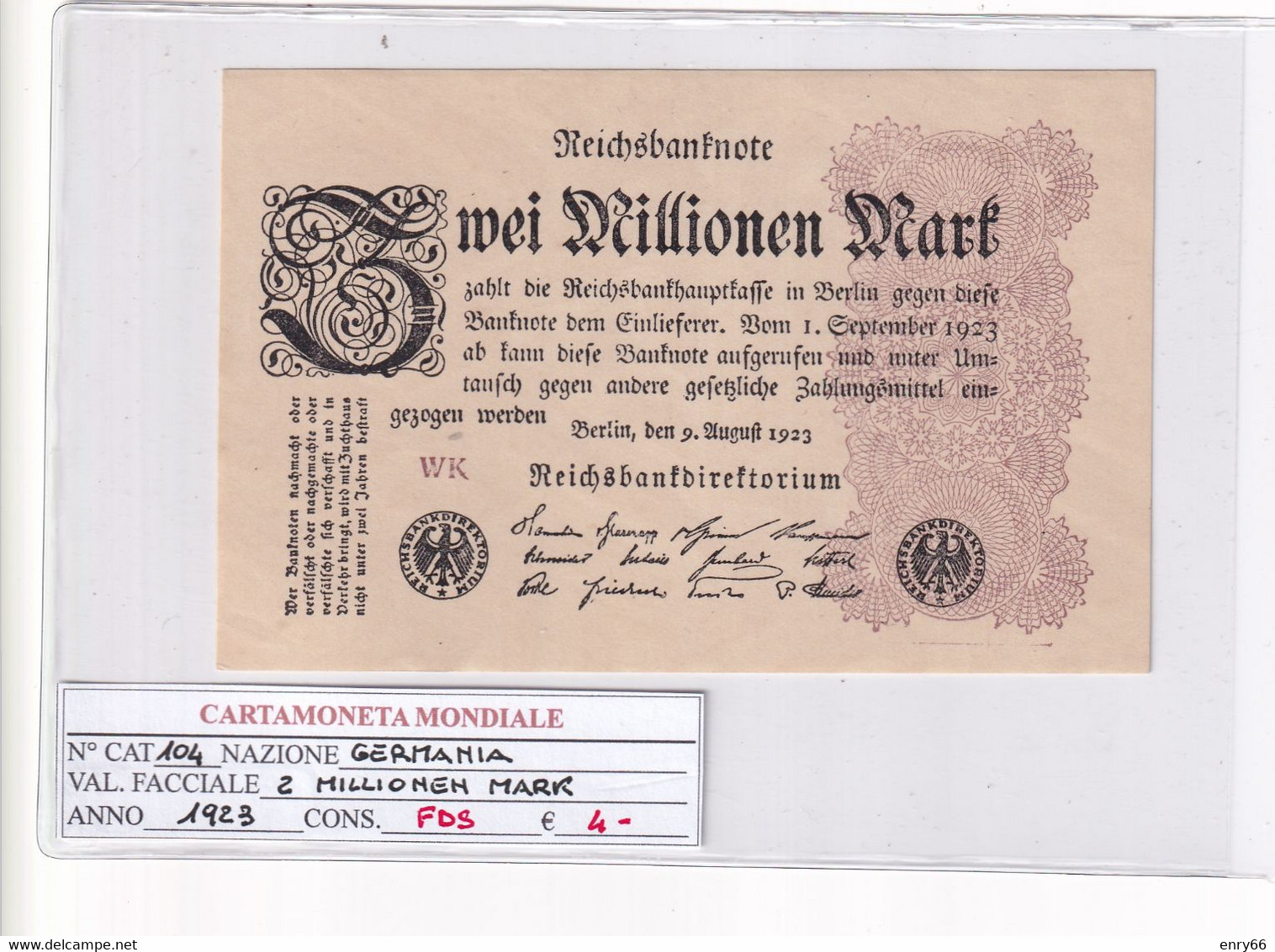 GERMANIA WEIMAR 2 MILLIONEN MARK 1923 P 104 - 2 Millionen Mark