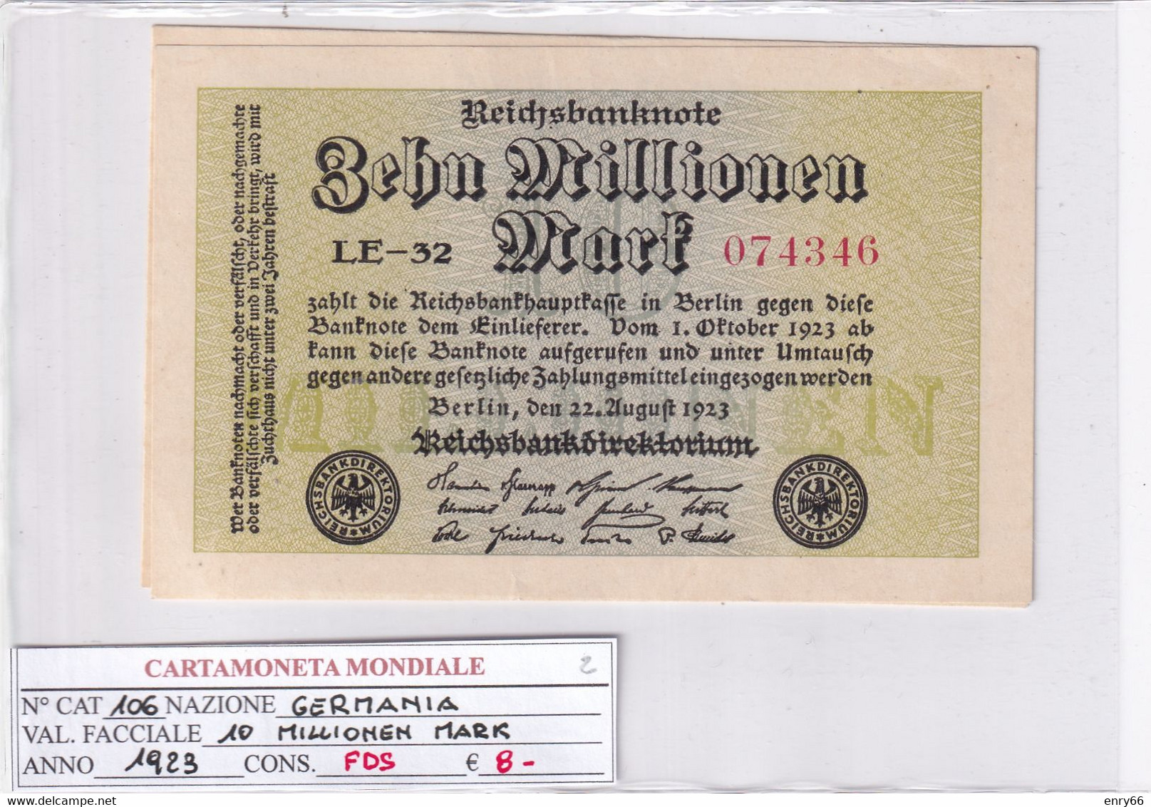 GERMANIA WEIMAR 10 MILLIONEN MARK 1923 P 106 - 10 Miljoen Mark