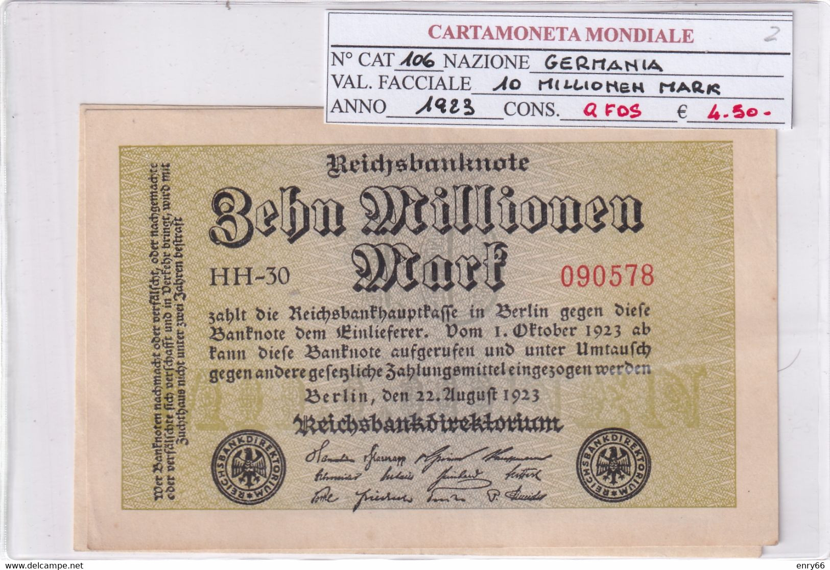 GERMANIA WEIMAR 10 MILLIONEN MARK 1923 P 106 - 10 Miljoen Mark