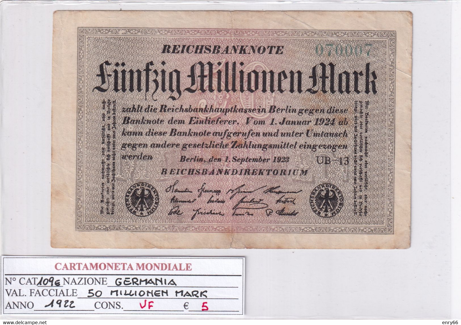 GERMANIA WEIMAR 50 MILLIONEN MARK 1922 P 109E - 50 Mio. Mark