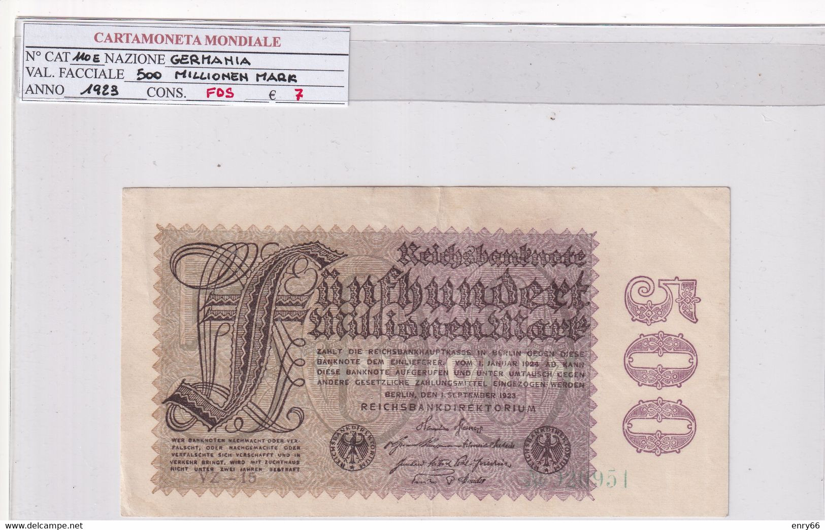 GERMANIA WEIMAR 500 MILLIONEN MARK 1923 P 110E - 500 Miljoen Mark