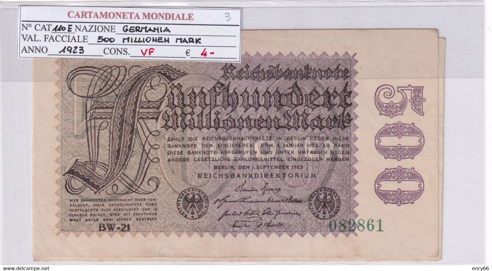 GERMANIA WEIMAR 500 MILLIONEN MARK 1923 P 110E - 500 Mio. Mark