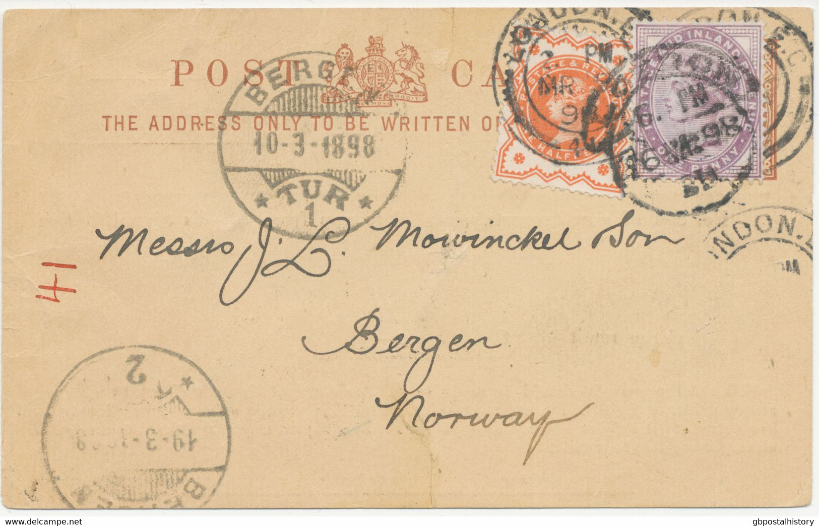 GB 1898 ½d POSTCARD UPRATED USED & RE-USED LONDON TO BERGEN - RARE DOUBLE USAGE - Covers & Documents