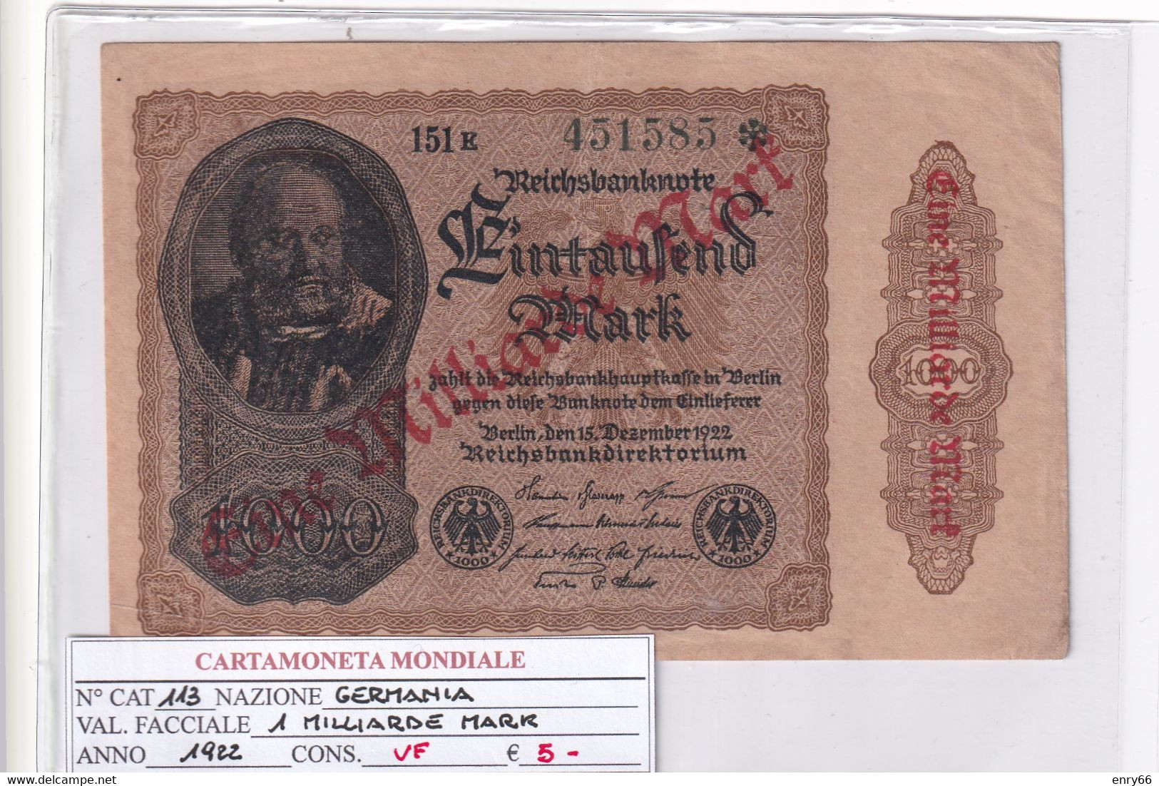 GERMANIA WEIMAR 1 MILLIARDE MARK 1922 P 113 - 1 Mrd. Mark