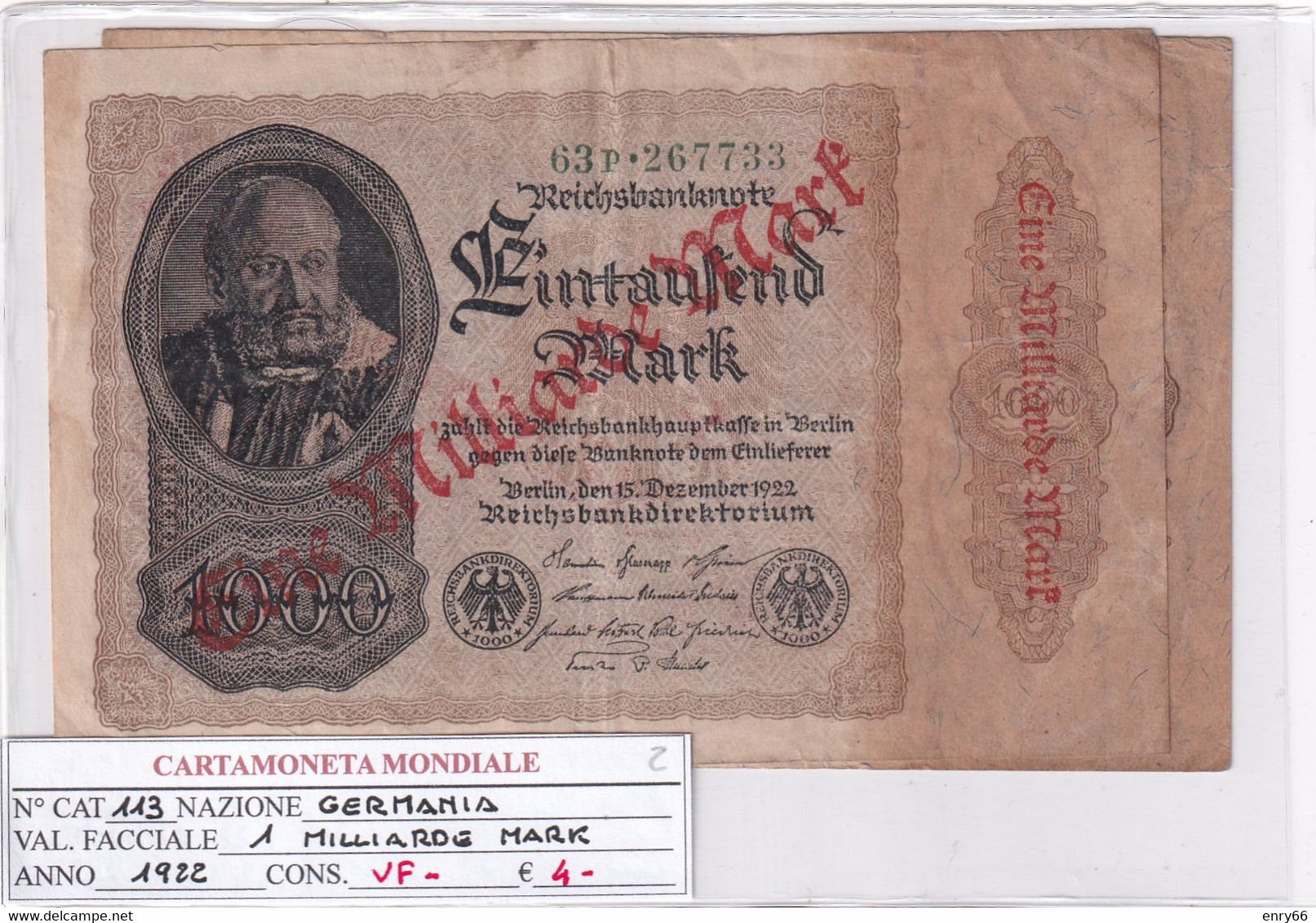 GERMANIA WEIMAR 1 MILLIARDE MARK 1922 P 113 - 1 Milliarde Mark