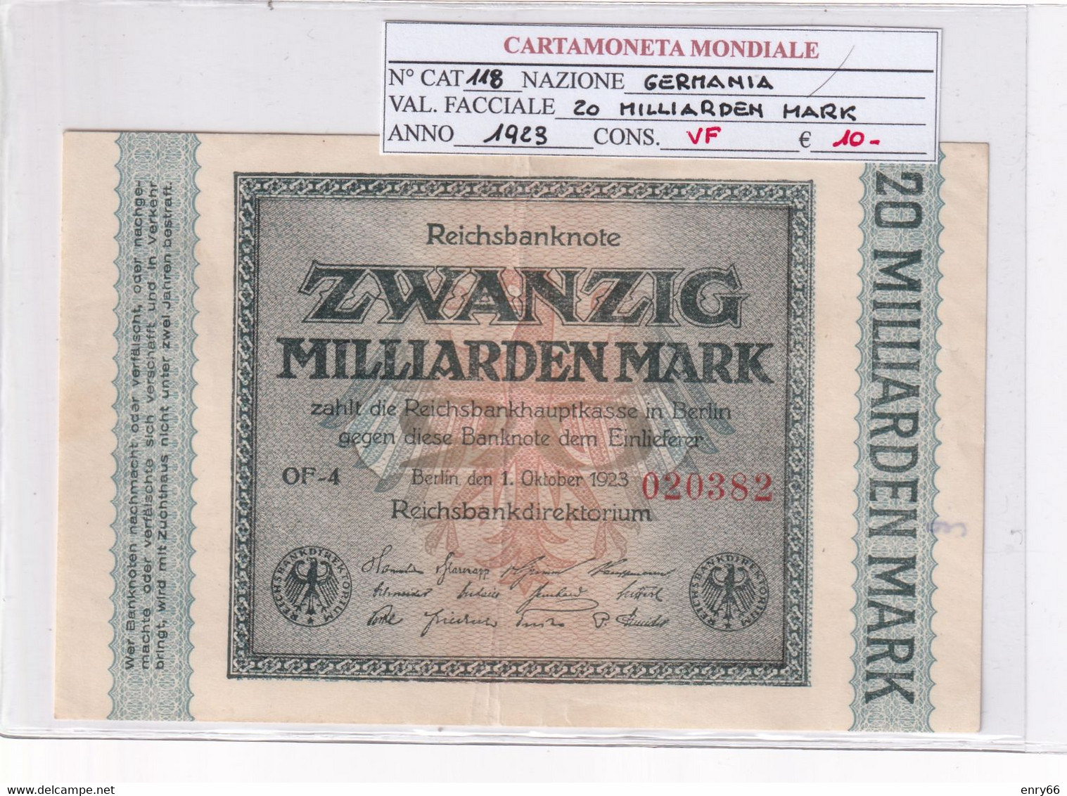 GERMANIA WEIMAR 20 MILLIARDEN MARK 1923 P 118 - 20 Milliarden Mark