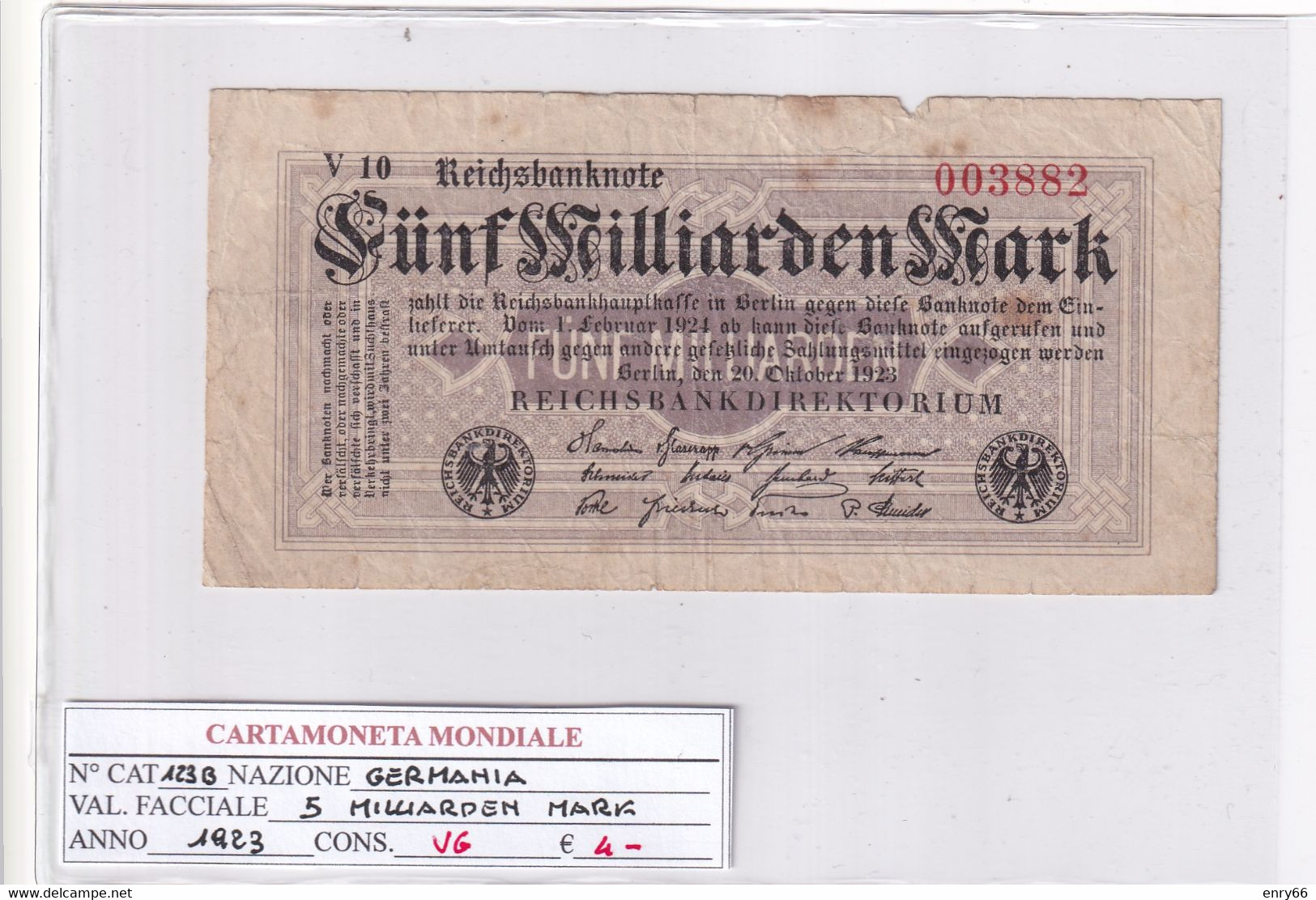 GERMANIA WEIMAR 5 MILLIARDEN MARK 1923 P 123B - 5 Mrd. Mark