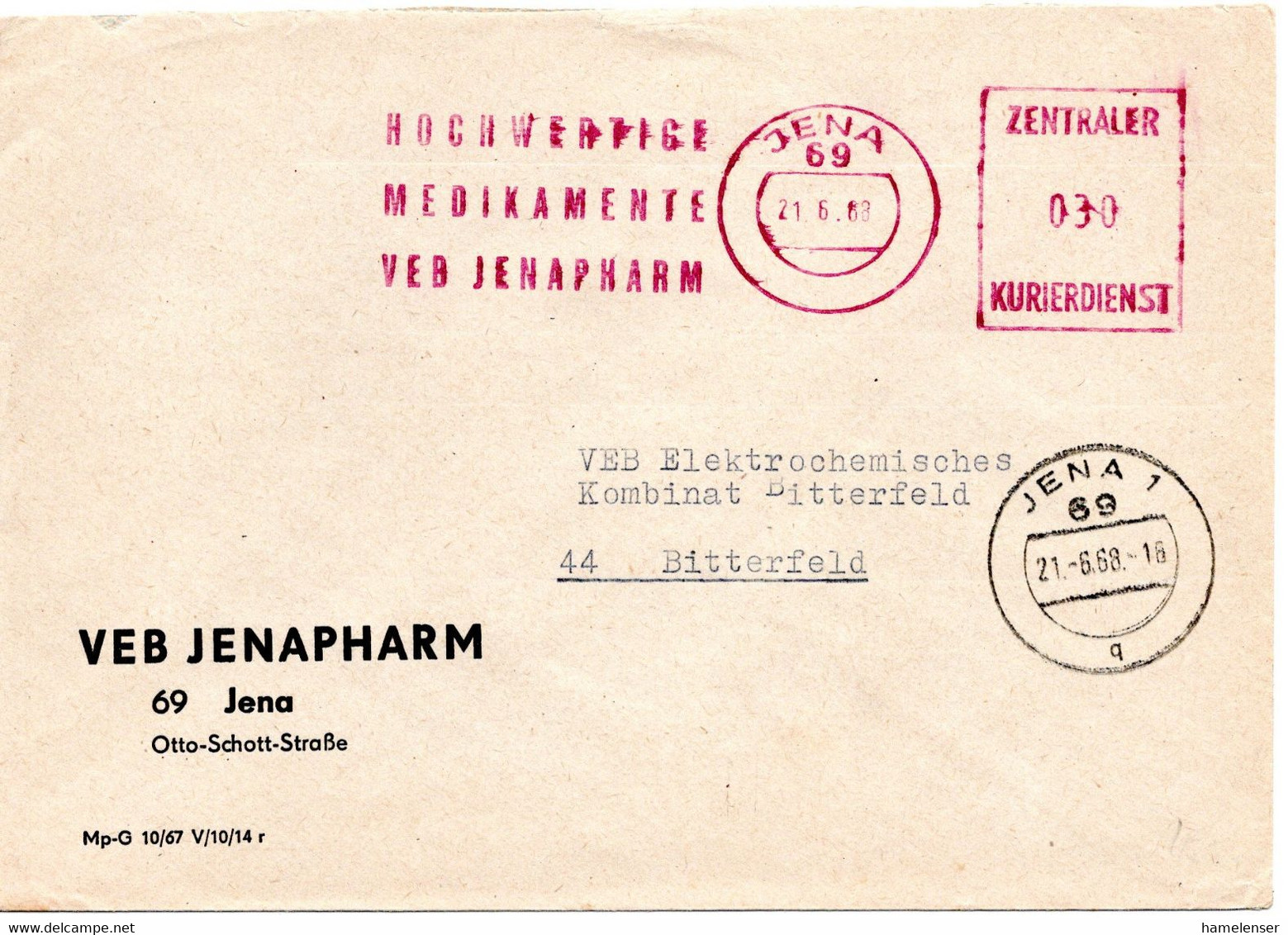 62792 - DDR / ZKD - 1968 - 30Pfg ZKD-AbsFreistpl "Hochwertige Medikamente VEB Jenapharm"a ZKD-Bf JENA -> BITTERFELD - Farmacia