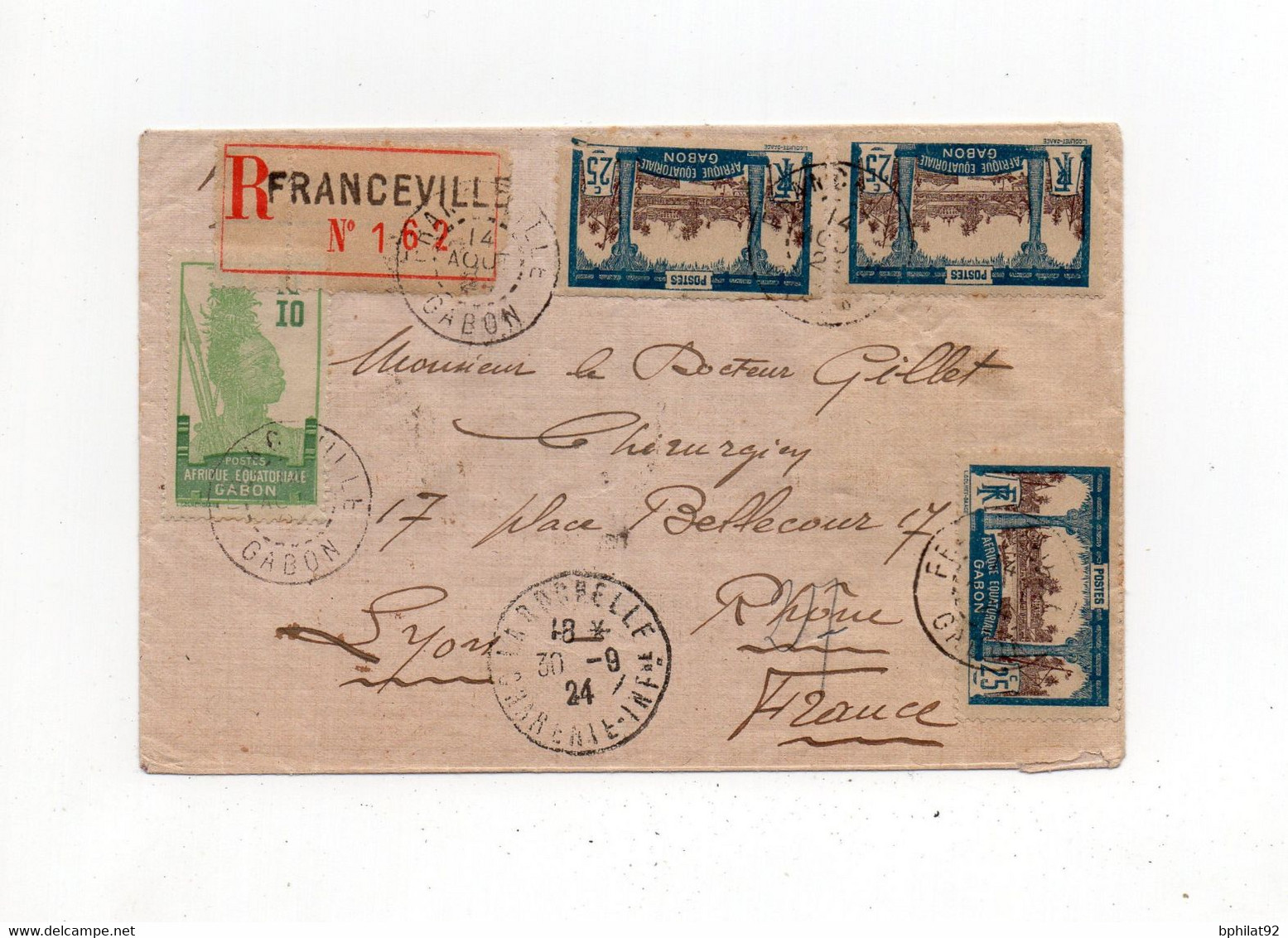 !!! GABON, LETTRE RECOMMANDEE DE FRANCEVILLE POUR LYON DE 1924 - Lettres & Documents