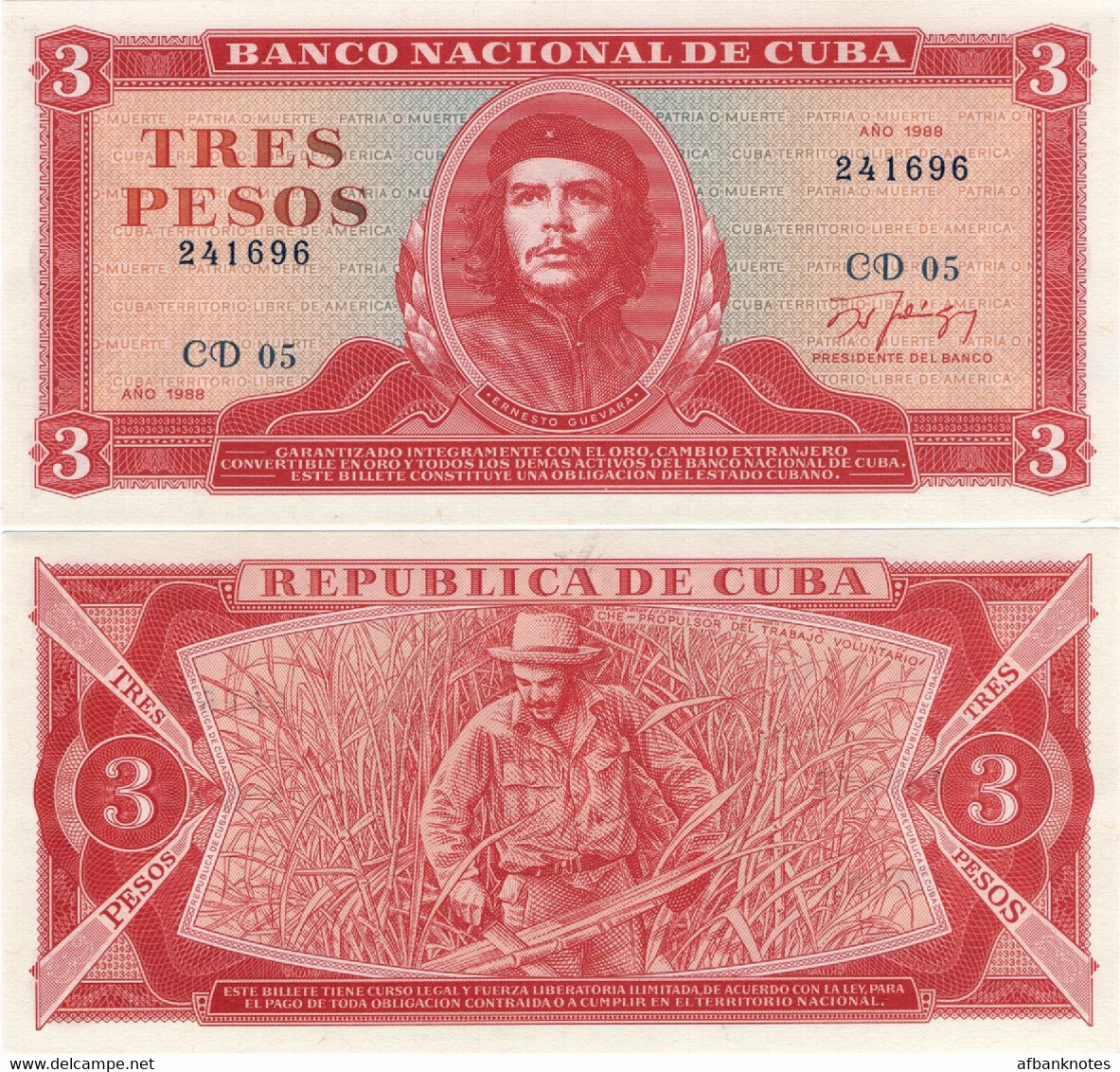 CUBA       3 Pesos       P-107b       1988       UNC - Cuba