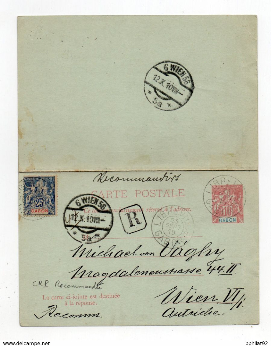 !!! GABON, ENTIER AVEC CARTE REPONSE RECOMMANDE DE LIBREVILLE POUR L'AUTRICHE DE 1910 - Lettres & Documents