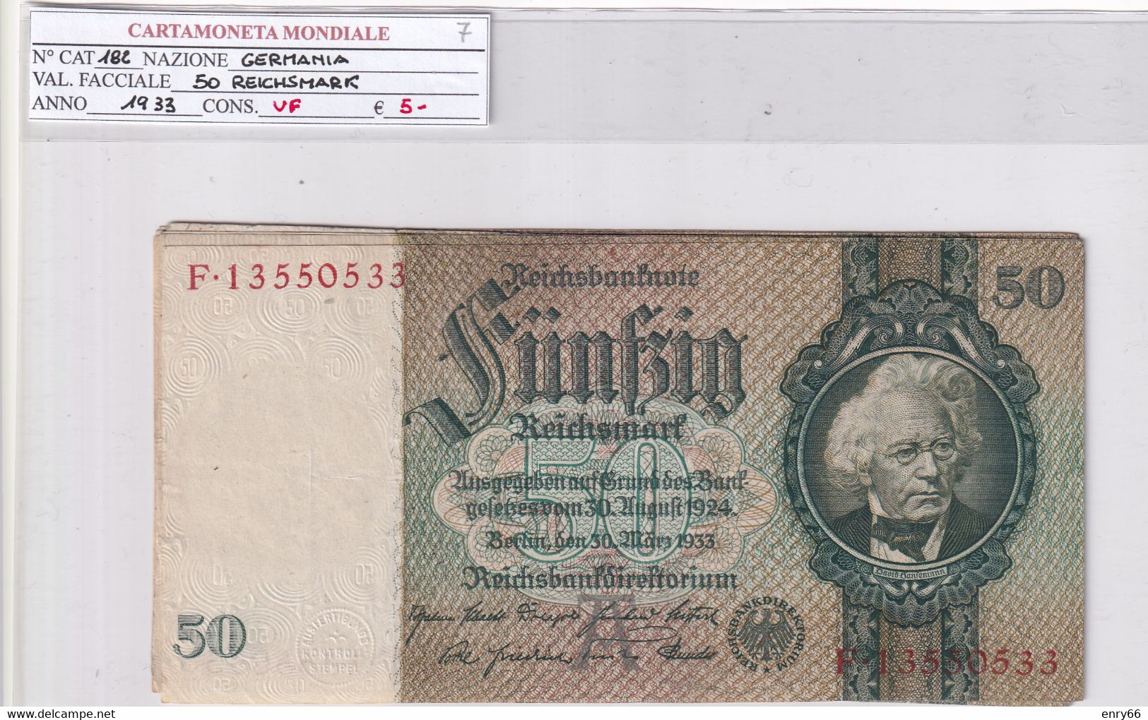 GERMANIA WEIMAR 50 REICHSMARK 1933 P 182 - 50 Mark