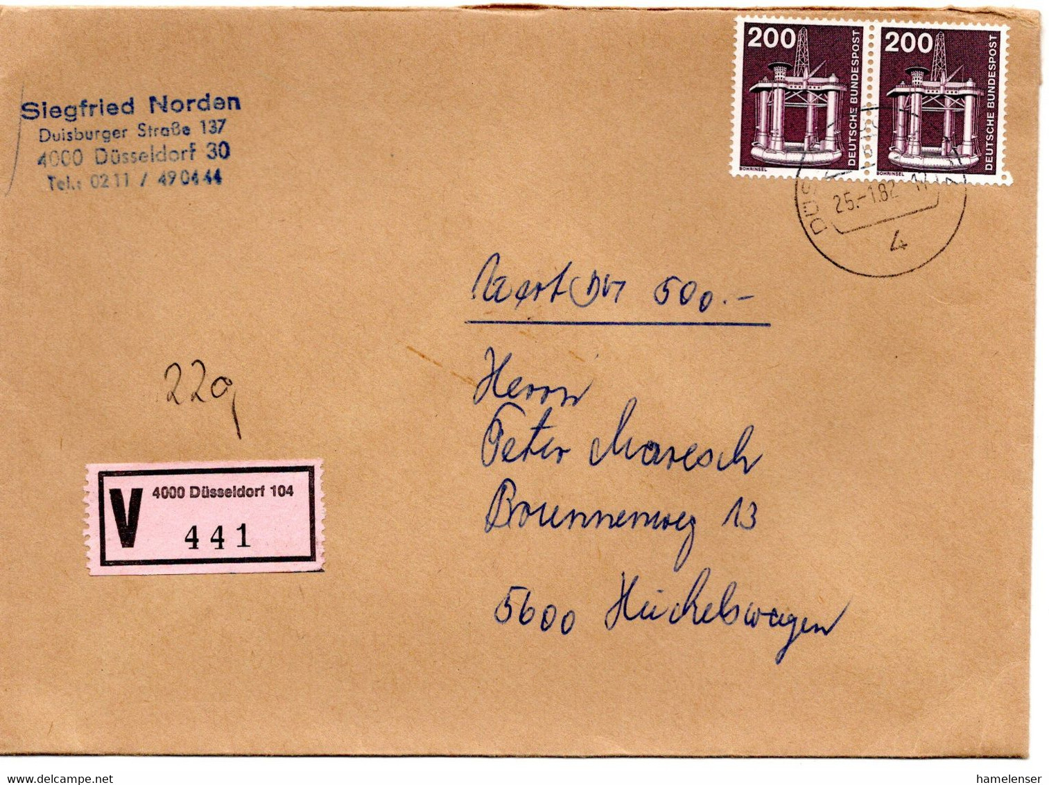 62799 - Bund - 1982 - 2@200Pfg I&T A W-Bf (22g/500DM) DUESSELDORF -> Hueckeswagen - Storia Postale