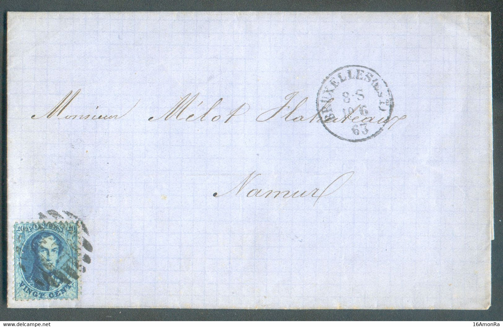 N°15 - Médaillon 20 Centimes Bleu Obl. P EST à 8 Barres Sur Lettre De BRUXELLES (EST)  le 19-6-1863 Vers Namur . - TB - - 1863-1864 Medaillen (13/16)