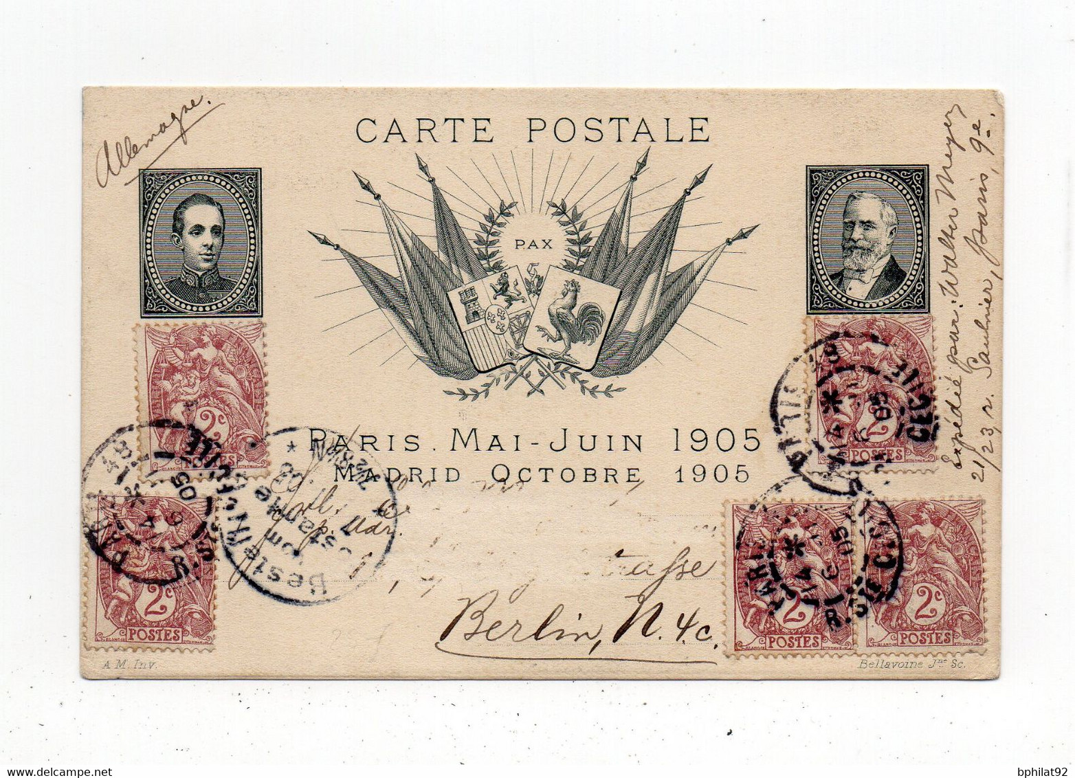 !!! PSEUDO ENTIER PRIVE VISITE DU ROI ALPHONSE XIII EN 1905, AFFRANCH TYPE BLANC POUR L'ALLEMAGNE - Private Stationery