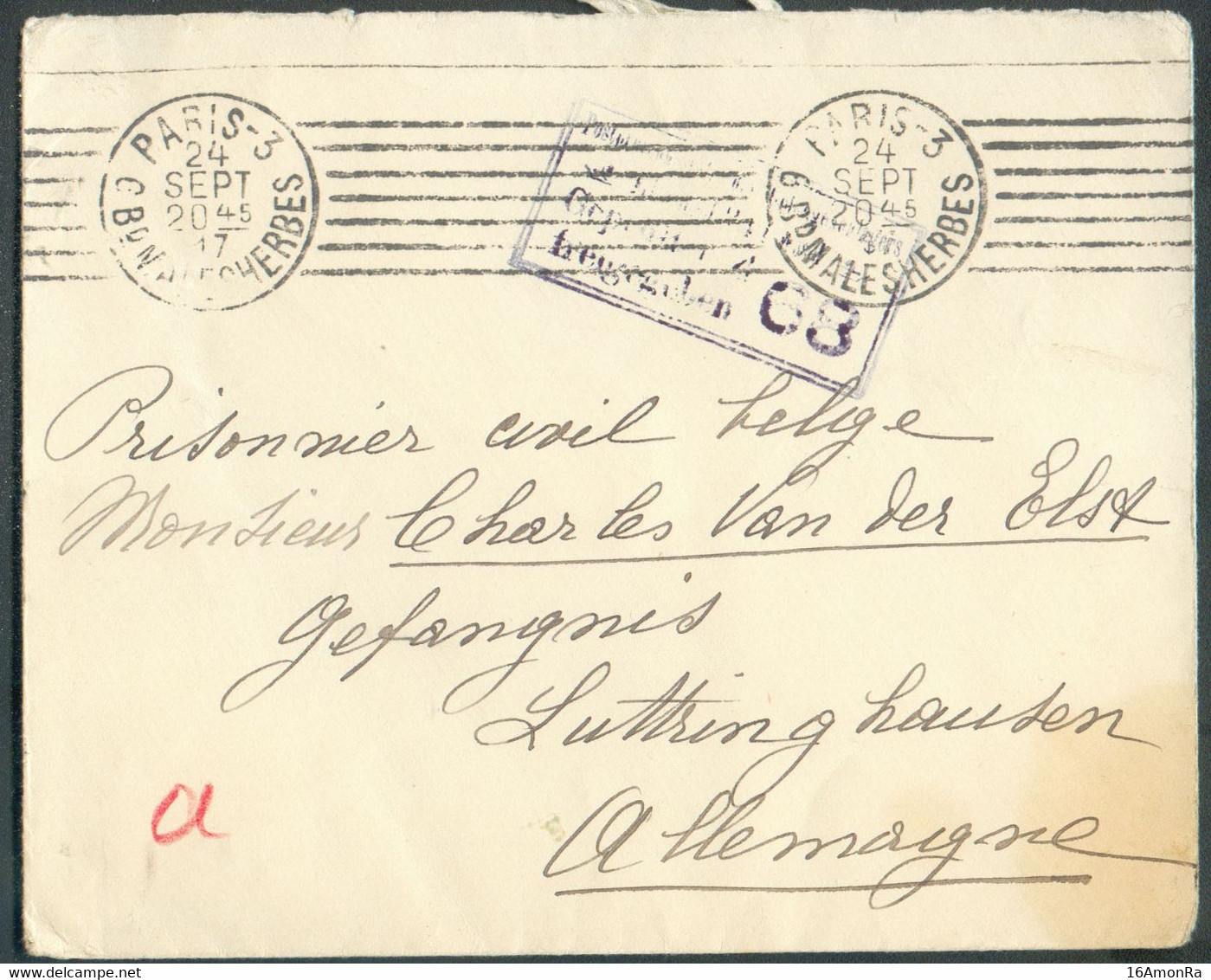 Enveloppe Obl. Mécanique De PARIS -3 Bd MALESHERBES 24 Sept. 1917 Vers Prisonnier Civil Belge Ch. Van Der Elst à Luthrin - Krijgsgevangenen