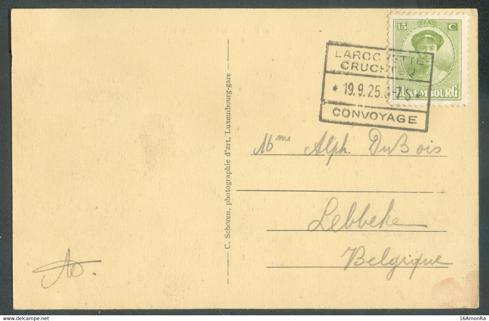 15c. Joséphine Charlotte Obl. Ambulant LAROCHETTE CRUCHTEN CONVOYAGE Sur C.P. Du 19.9.1925 Vers Lebbeke .  - 20526 - Franking Machines (EMA)