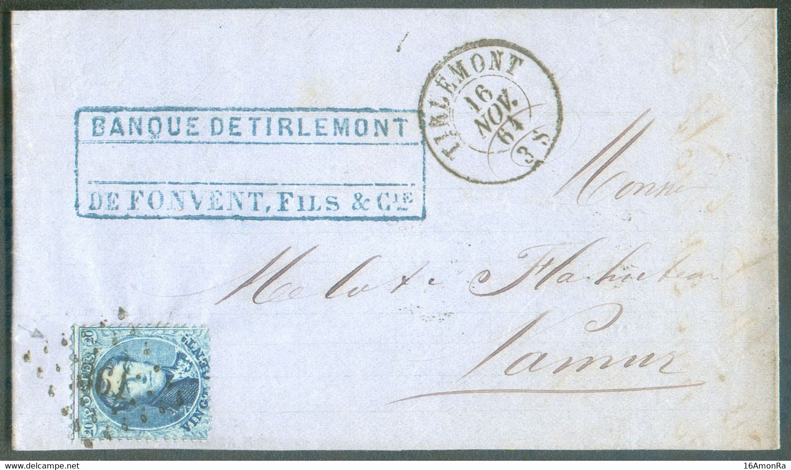 N°15A  - Médaillon 20 Centimes Bleu Obl; LP. 361 Sur Lettre De TIRLEMONT Le 16 Nov. 1864 Vers Namur.  - 20530 - 1863-1864 Medallions (13/16)