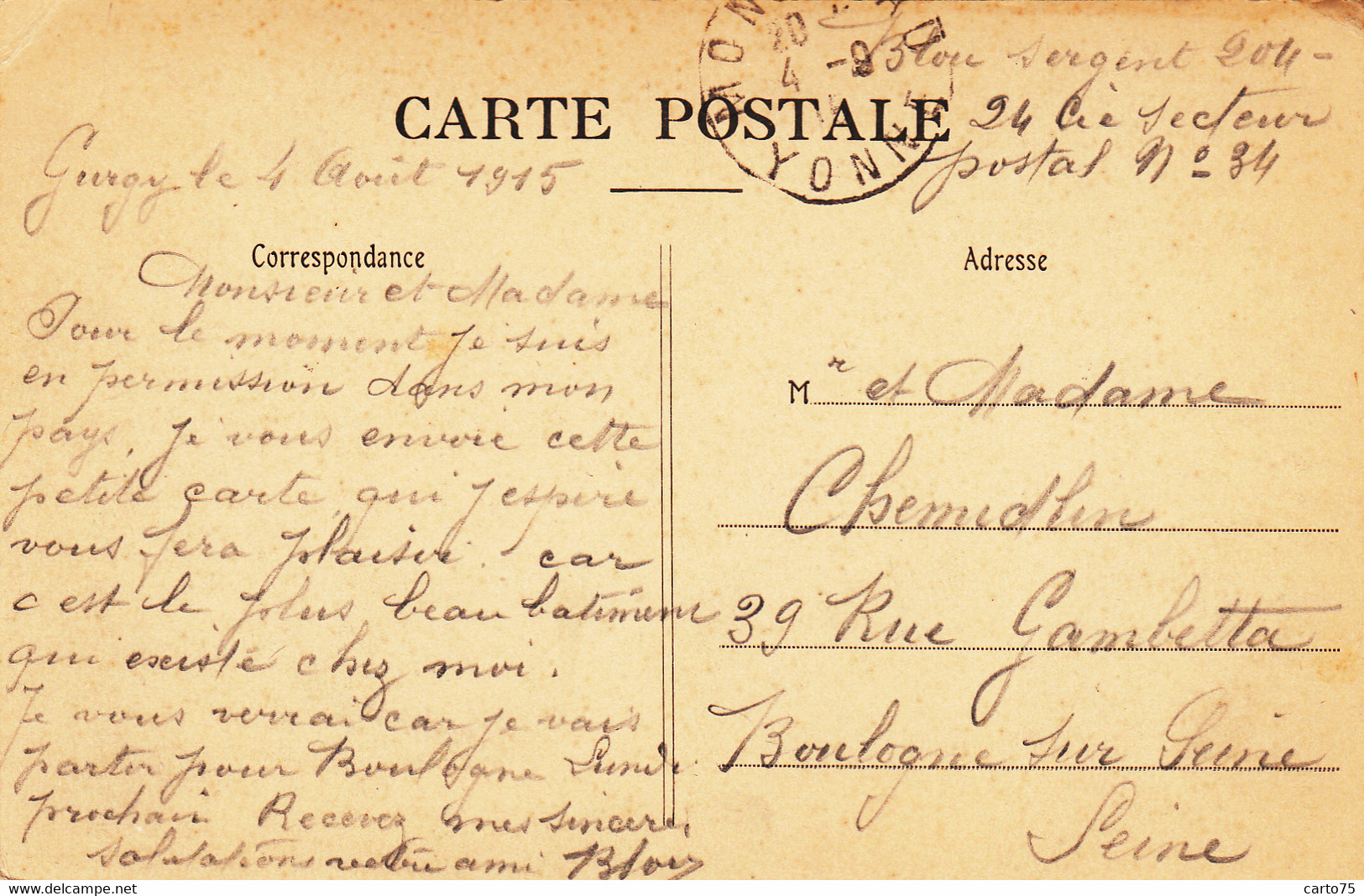 Gurgy 89 - Le Château N° 1 - Editeur Toulot - Correspondance Militaire 1915 - Gurgy