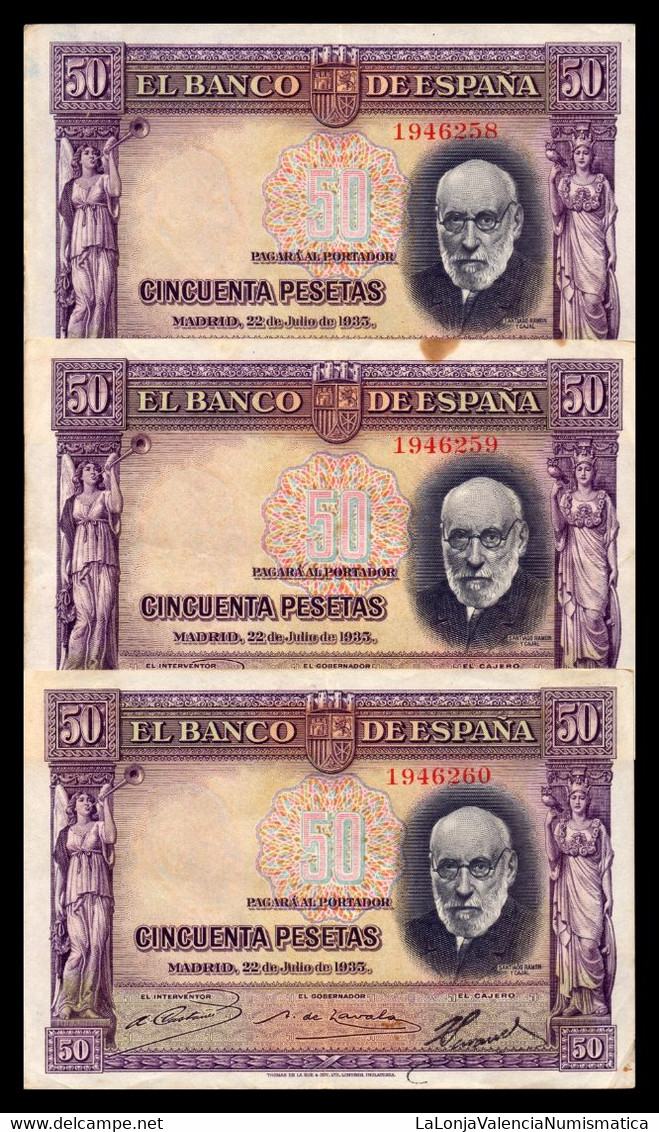 España Spain Trío Correlativo 50 Pesetas Santiago Ramón Y Cajal 1935 Pick 88 Sin Serie MBC/+ VF/+ - 50 Pesetas