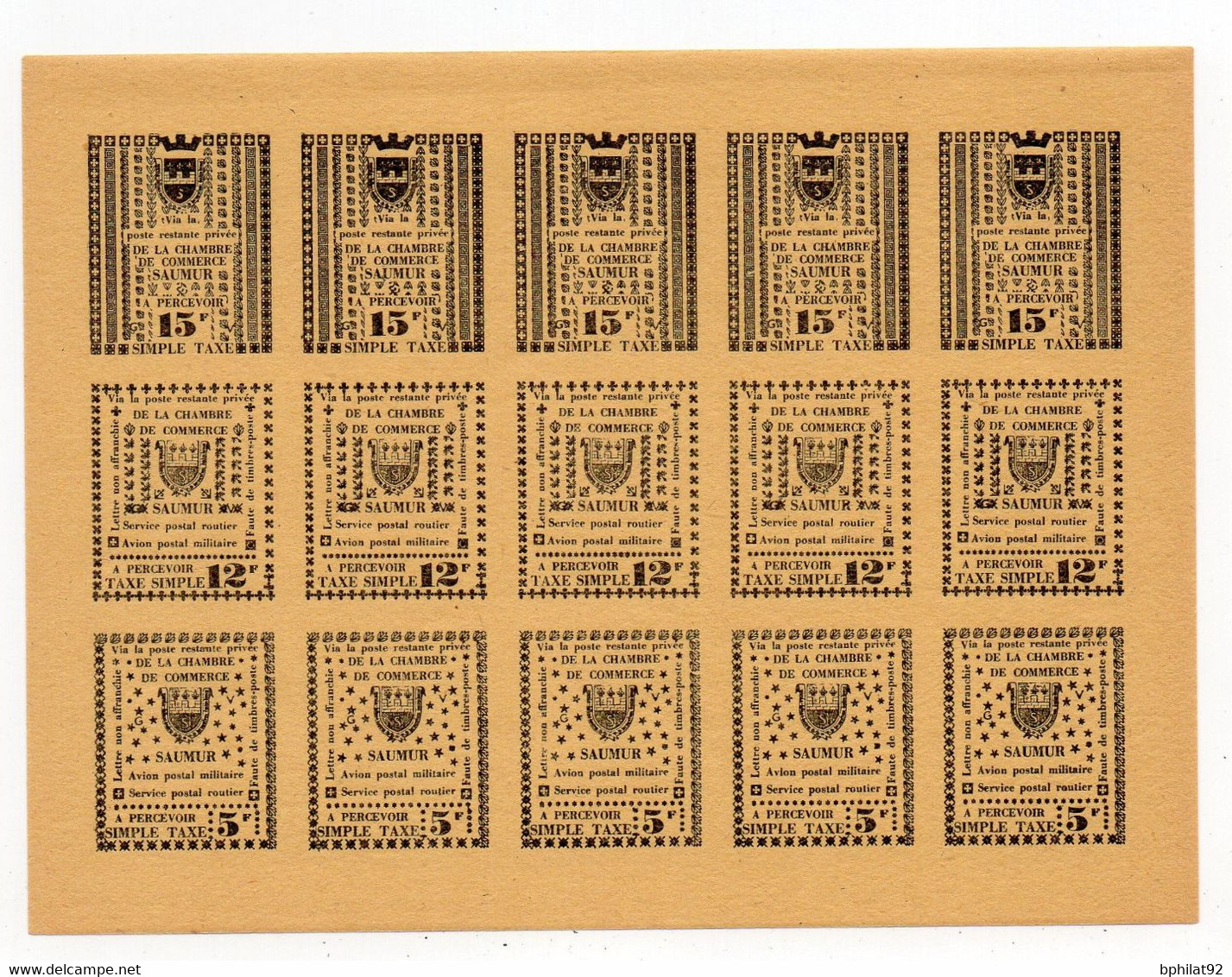 !!! GREVE DE SAUMUR DE 1953, FEUILLET DE 5 X 3 SERIES DE TAXES DE LA CHAMBRE DE COMMERCE NEUF ** - Stamps