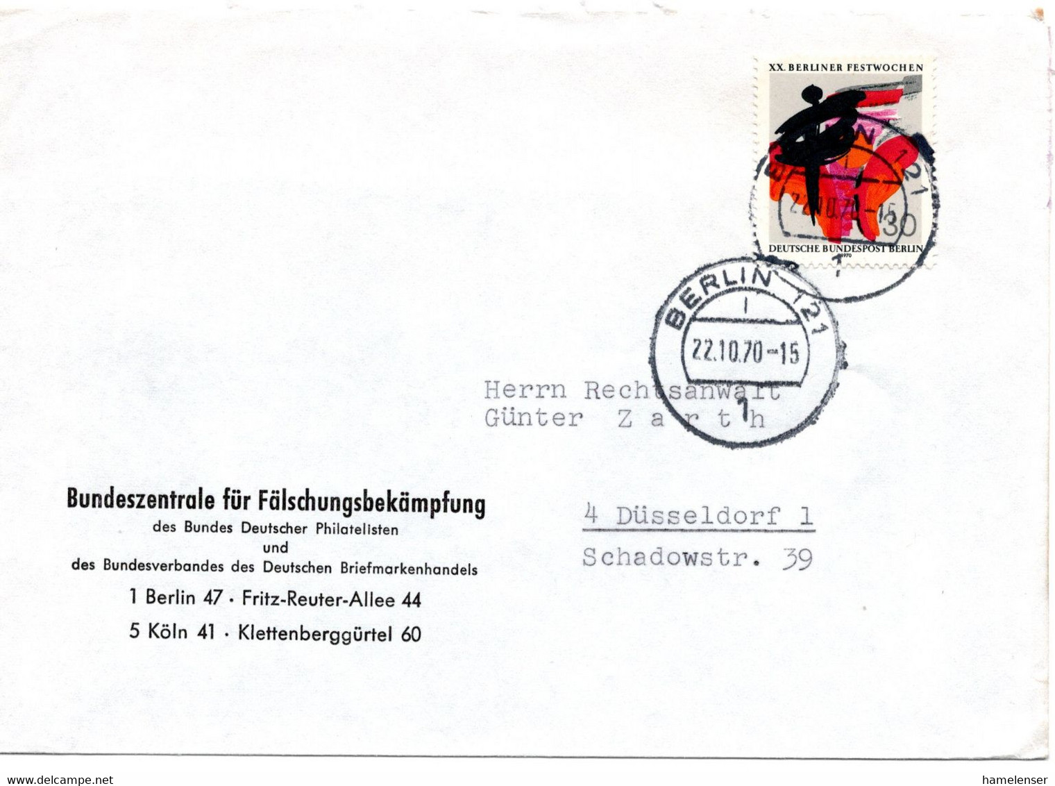 62812 - Berlin - 1970 - 30Pfg Festwochen EF A Bf BERLIN -> Hannover - Lettres & Documents