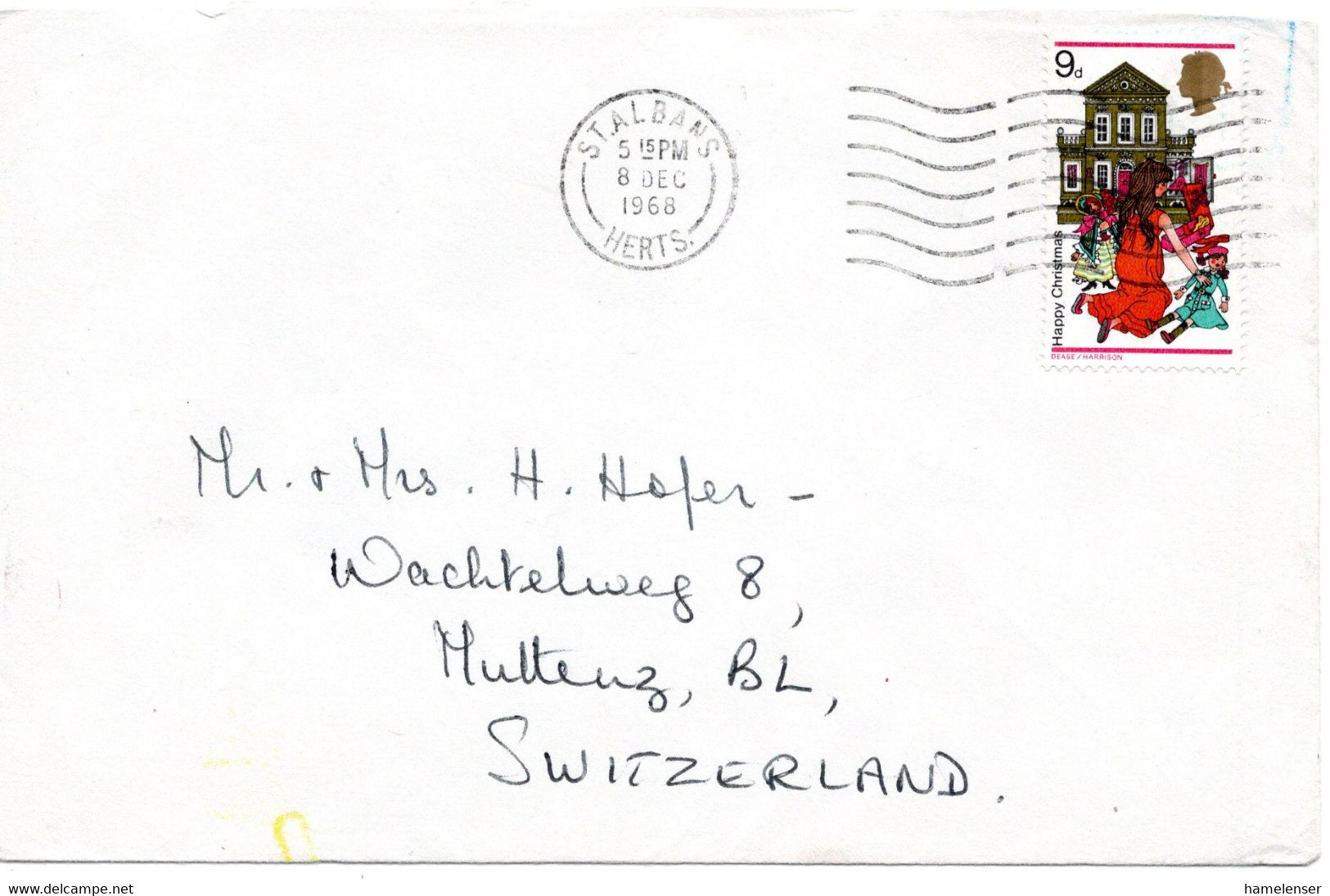 62813 - Grossbritannien - 1968 - 9d Weihnachten EF A Bf ST.ALBANS -> Schweiz - Covers & Documents