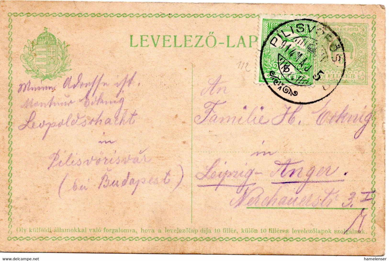 62818 - Ungarn - 1914 - 5f. GAKte M ZusFrankatur PILISVOROS -> Deutschland - Covers & Documents