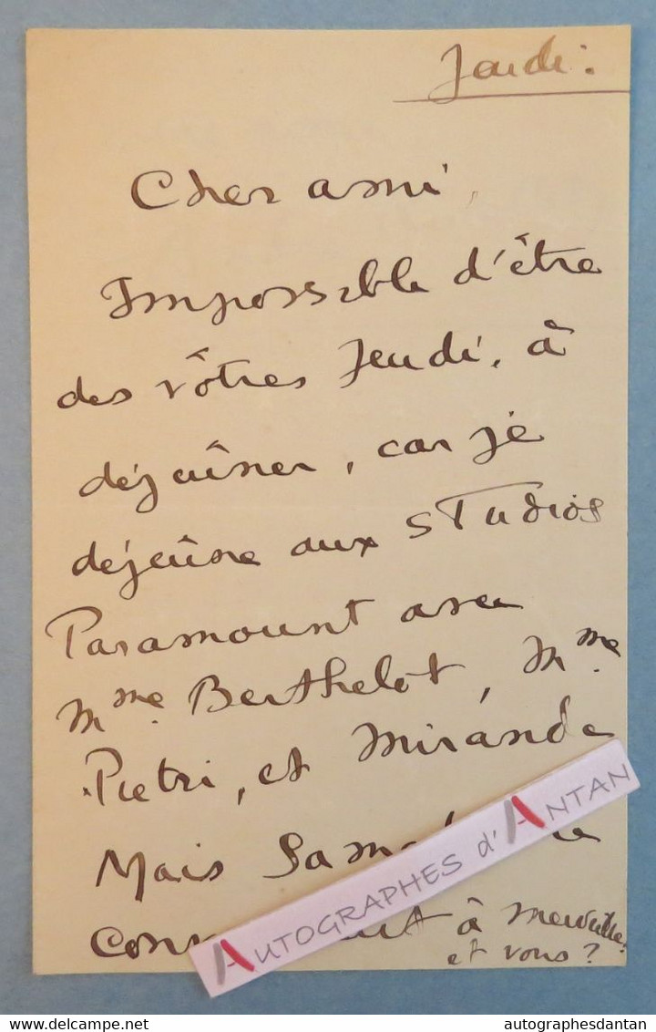 ● L.A.S André RIVOLLET écrivain - Studios Paramount - Berthelot - Pietri - Mirande - Lettre Autographe LAS - Schriftsteller