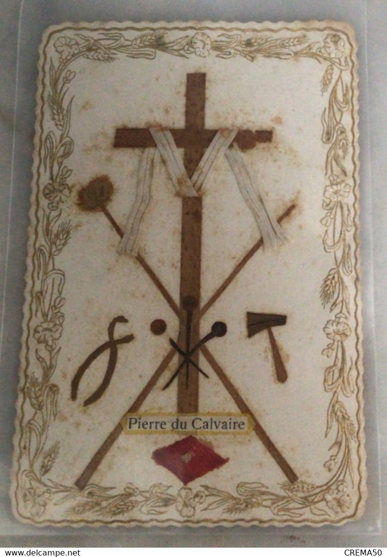 Image Dorée Et Gaufrée Sur Le Tour . Croix De Jésus Avec Une Pierre Du Calvaire . Fait Main - Imágenes Religiosas