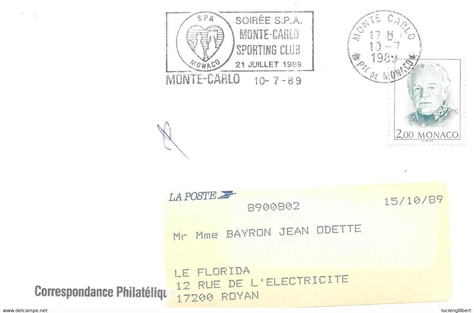 MONACO  - TIMBRE  N° 1671  - RAINIER III  - TARIF 1 01 87   - FLAMME : SOIREE S.P.A.  SPORTING CLUB 21 JUILLET 1989 - Cartas & Documentos