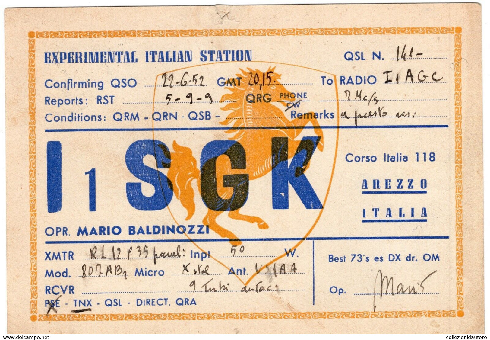 CB - AREZZO OPR. MARIO - I 1 S G K  - ITALIA - TOSCANA - CARTOLINA QSL FG SPEDITA NEL 1952 AREZZO-CESENA - CB-Funk