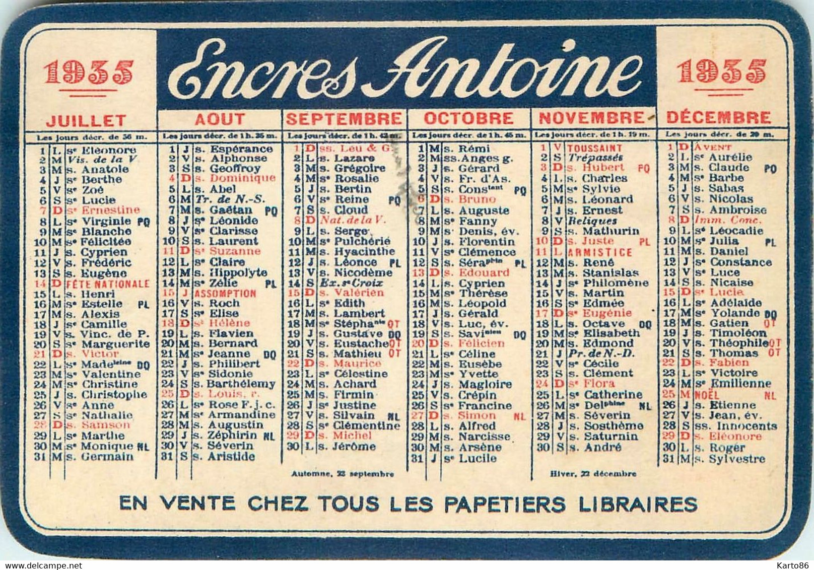 Petit Calendrier Ancien Publicitaire Illustré 1935 * Les Encres ANTOINE * Calendar - Formato Piccolo : 1921-40