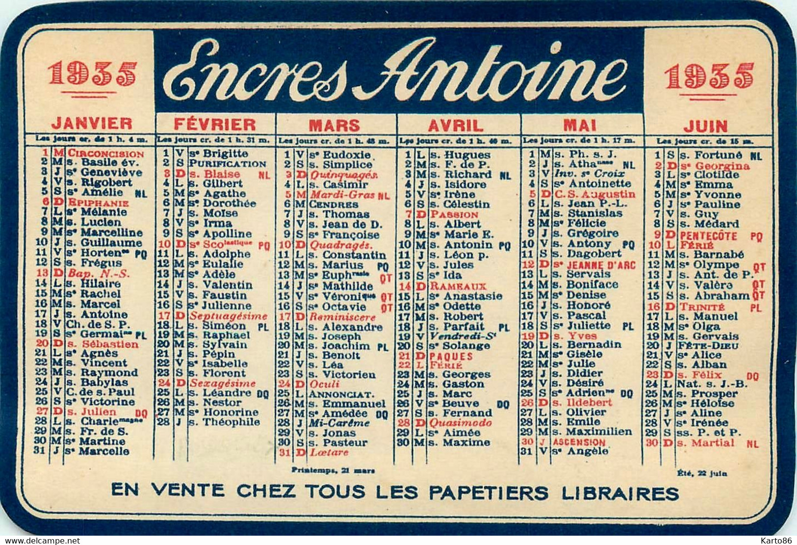 Petit Calendrier Ancien Publicitaire Illustré 1935 * Les Encres ANTOINE * Calendar - Tamaño Pequeño : 1921-40