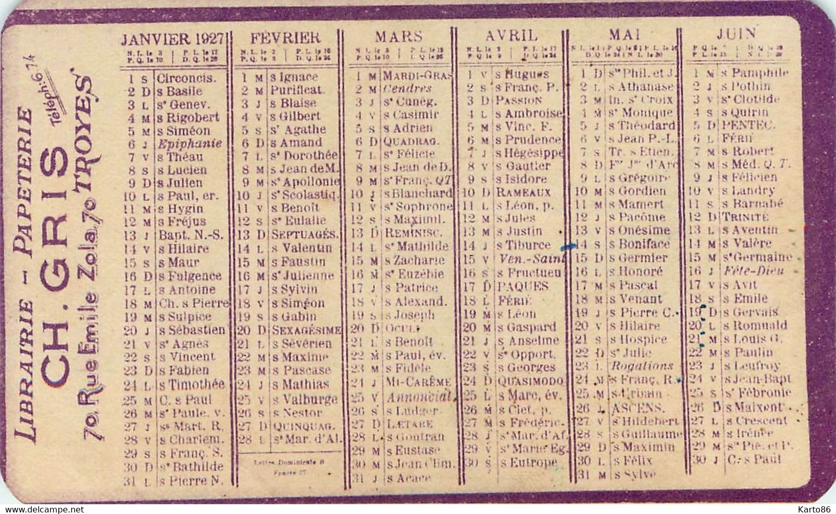 Petit Calendrier Ancien Publicitaire Illustré 1927 * Librairie Papeterie Ch. GRIS 70 Rue émile Zola Troyes * Calendar - Formato Piccolo : 1921-40