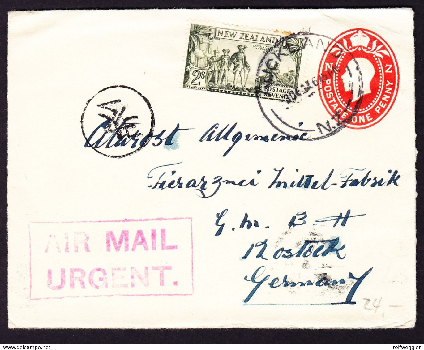 1937 Ganzsache Mit Zusatzfrankatur Aus Auckland über Athen Nach Rostock. Marke Ein Paar Zähne Rostfleckig. - Postal Stationery