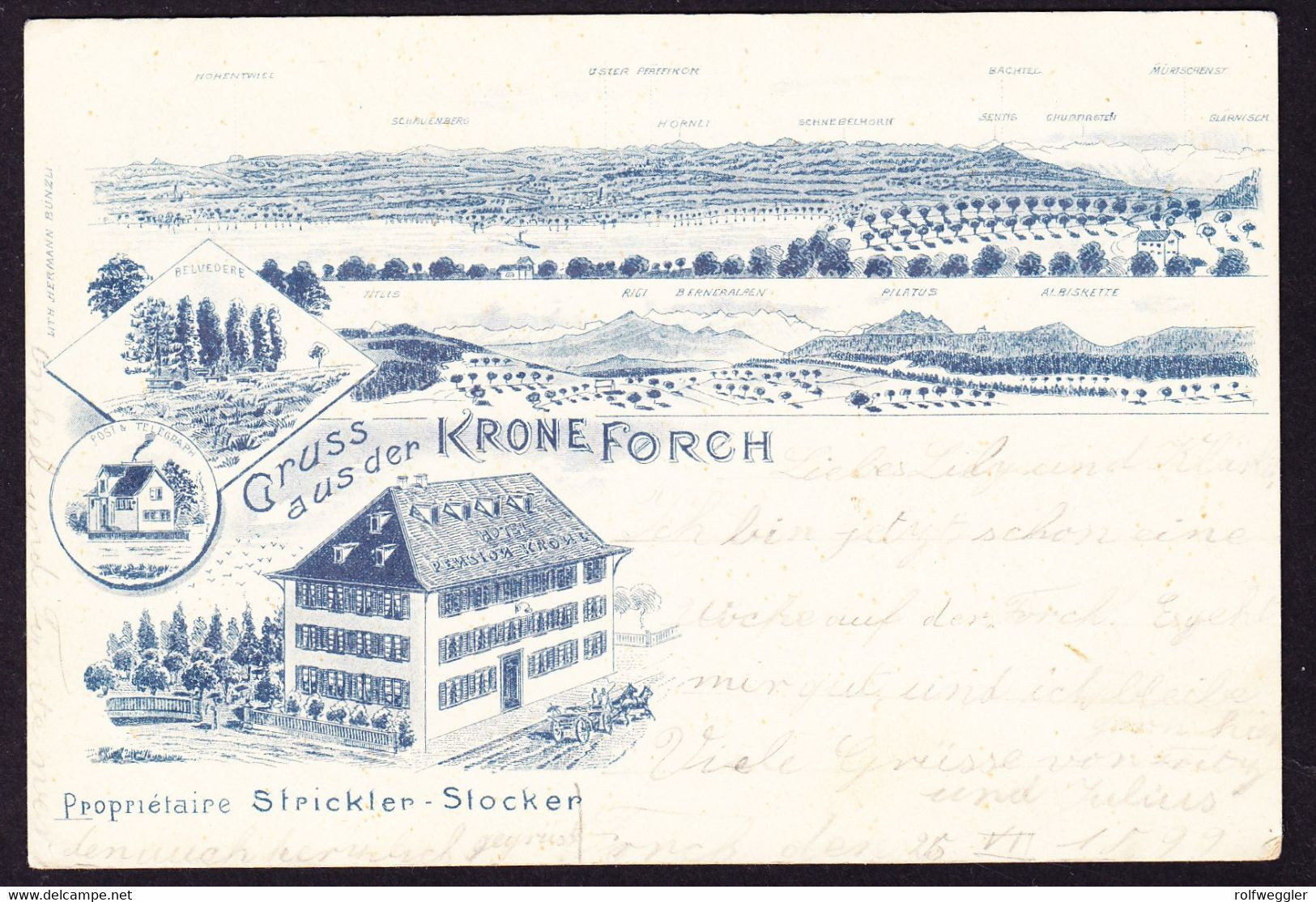 1899 Gelaufene Hotel AK: Gruss Aus Der Krone Forch. Rückseitig Gesprenkelt. - Laufen-Uhwiesen 