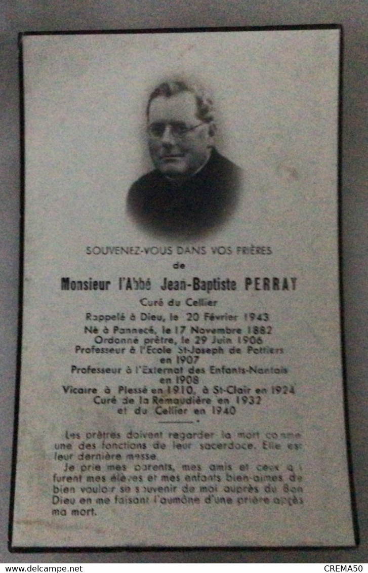 Souvenez Vous De MR L’abbé Jean Baptiste Perray Curé Du Cellier Décédé Le 20 Février 1943 - Décès