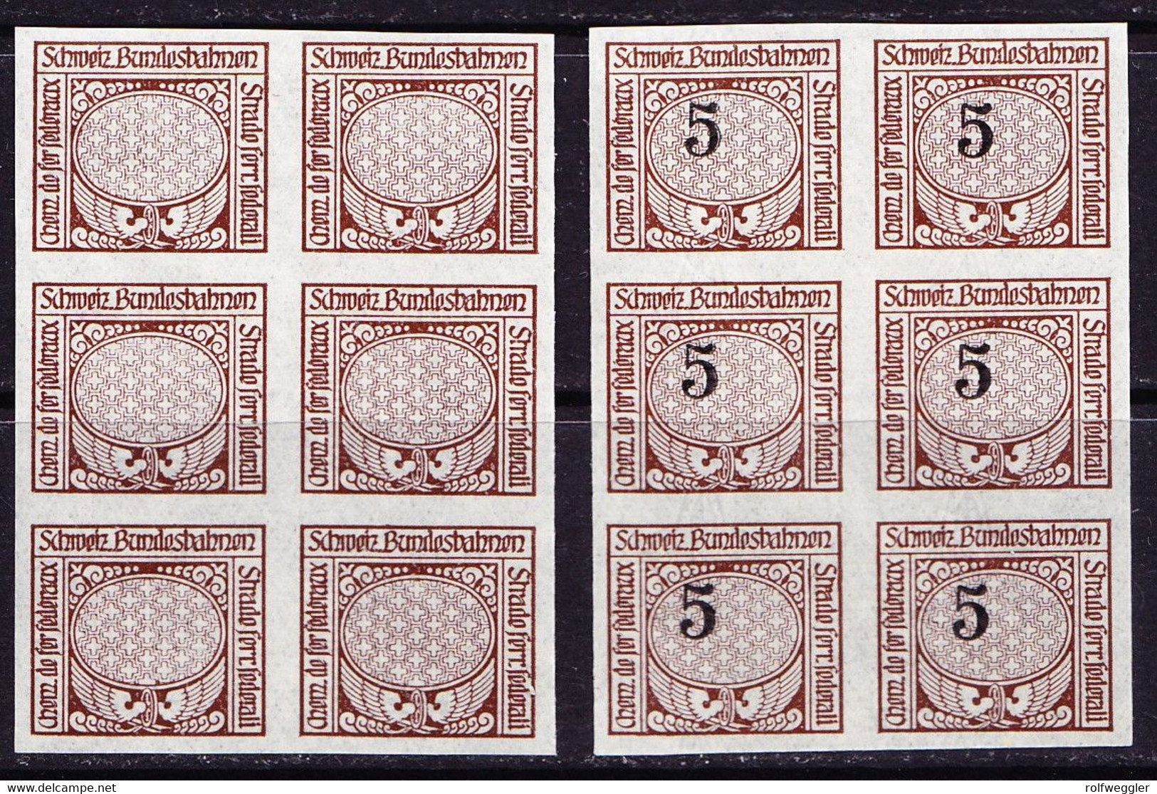 1913/1920 5 Rp Braun, Ungezähnt, 6er Block (2) 1x Ohne Werteindruck - Bahnwesen