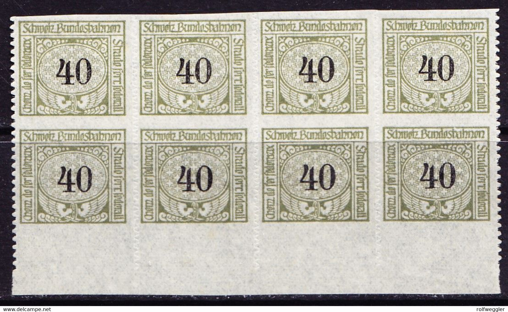 1913/1920 40 Rp Graugrün, 8er Block Ohne Wasserzeichen Mit Bogenrand, Waagerecht Ungezähnt. - Spoorwegen