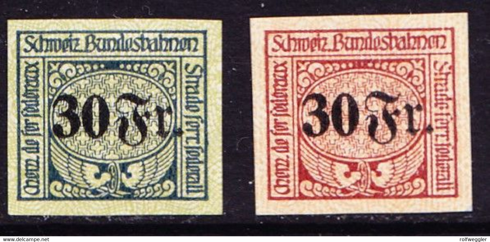 1940/1949 Ungezähnte Eisenbahnmarken, 30 Fr. Dunkelbraun Und 30 Fr. Grün. Probedrucke - Chemins De Fer