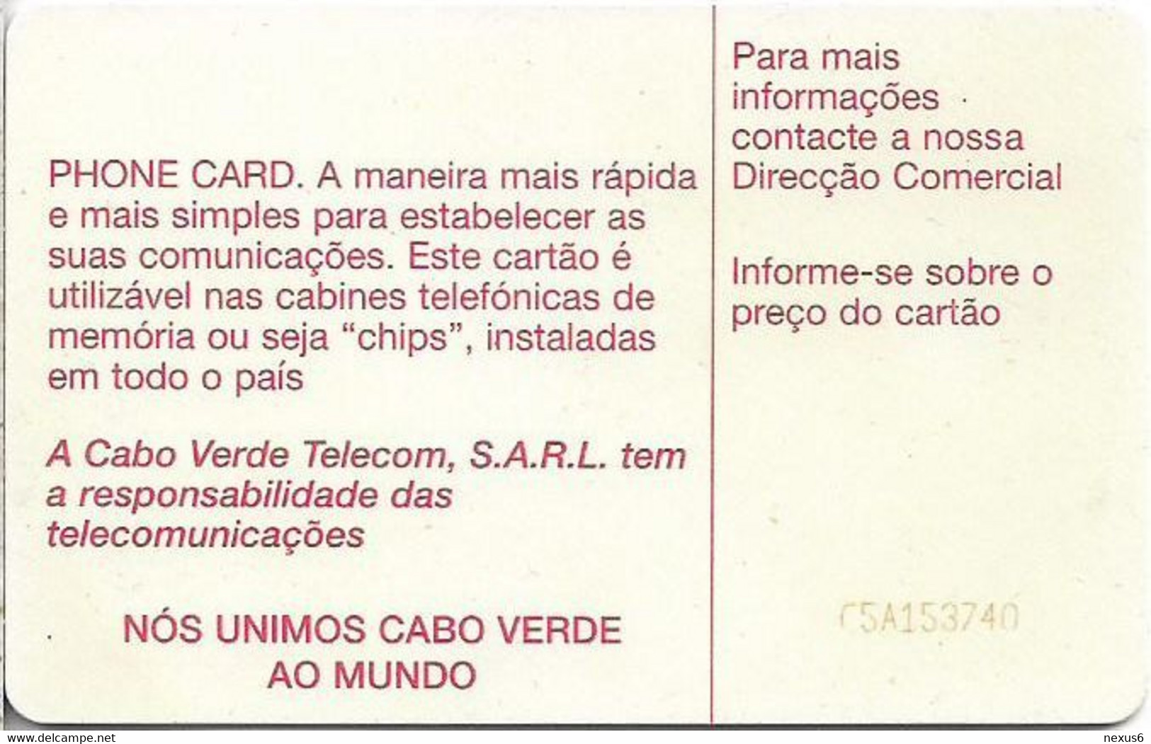 Cabo Verde - Cabo Verde Telecom - Red Logo (Cn. C5A153740 Red) 09.1995, SC7, 50U, Used - Kaapverdische Eilanden