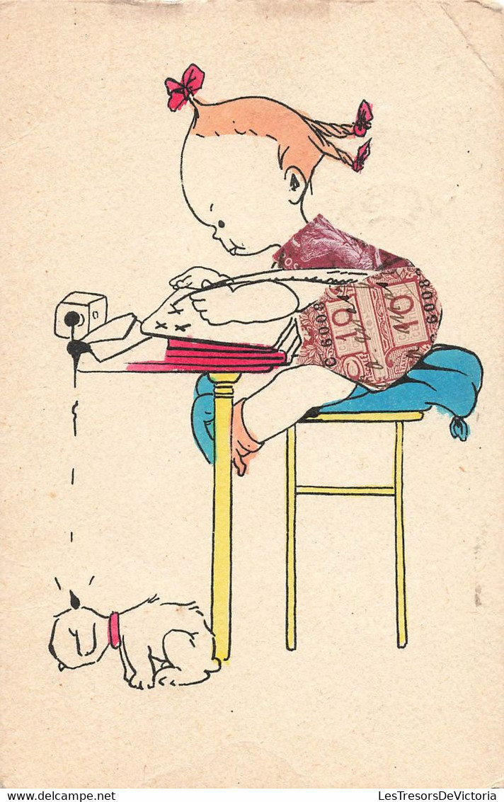 CPA Timbres Découpés Pour Les Vetements De La Petite Fille - Illustration Fillette écrivant à La Plume - Chien - Stamps (pictures)