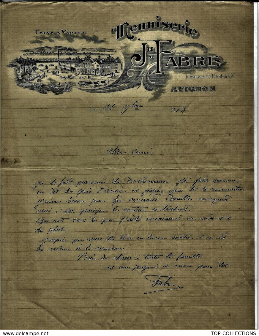 1913 ENTETE USINE A VAPEUR MENUISERIE JH FABRE Avignon B.E.V.SCANS - 1900 – 1949